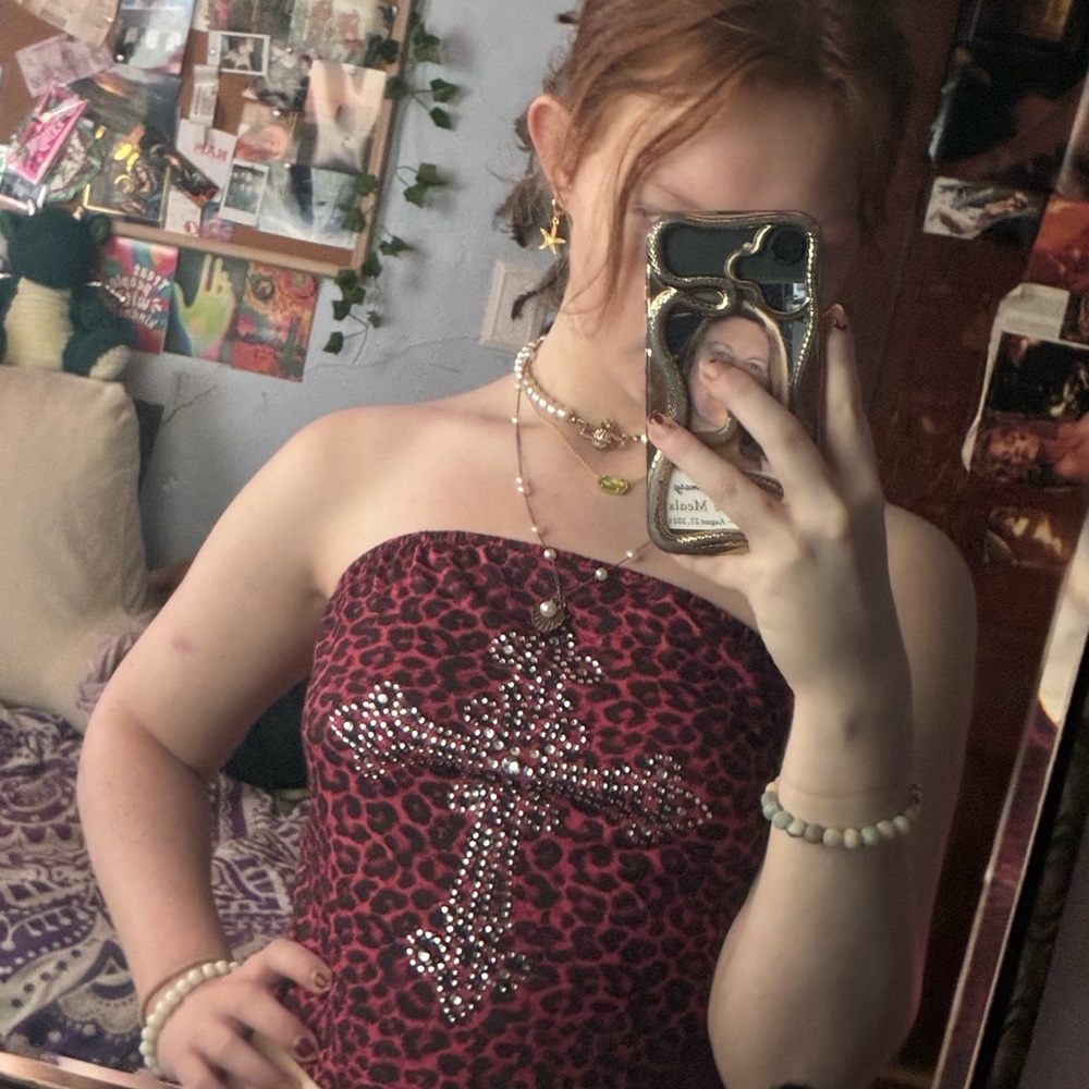 Hot pink Leopard Print Tube Top with Rhinestone Cross